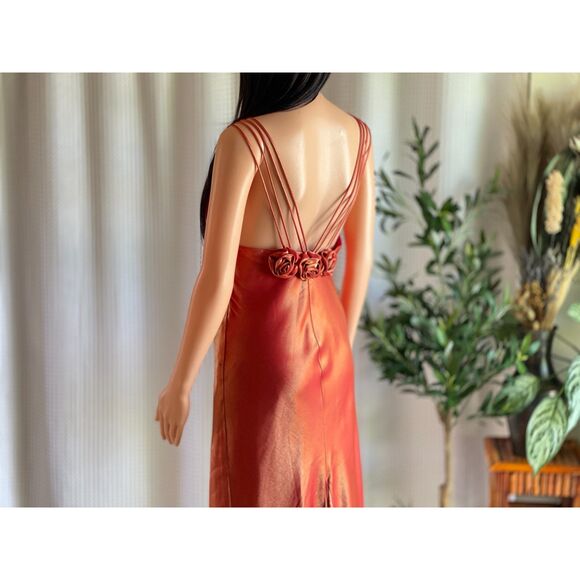 Vintage 90s Let’s Fashion Iridescent Orange Rosette Gown Open Back Dress Size L - Picture 9 of 15